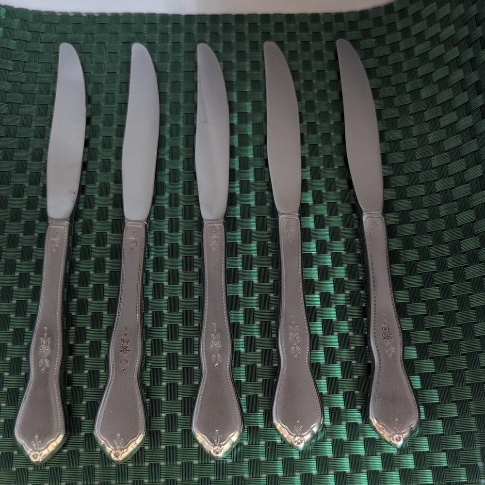 Oneida MORNING BLOSSOM Dinner Knives Set Lot of 5 Stainless Burnished Floral USA